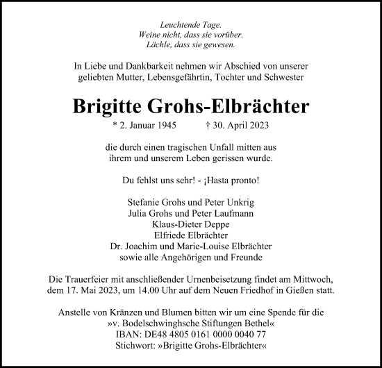 Traueranzeige von Brigitte Grohs-Elbrächter von Giessener Anzeiger, Giessener Allgemeine, Alsfelder Allgemeine