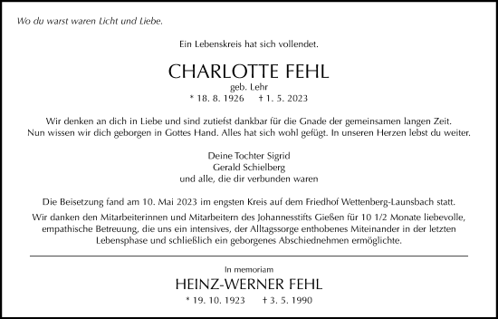 Traueranzeige von Charlotte Fehl von Giessener Anzeiger, Giessener Allgemeine, Alsfelder Allgemeine