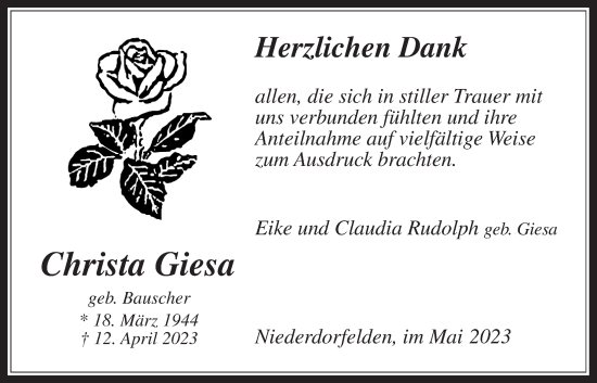 Traueranzeige von Christa Giesa von Bad Vilbel/Karben