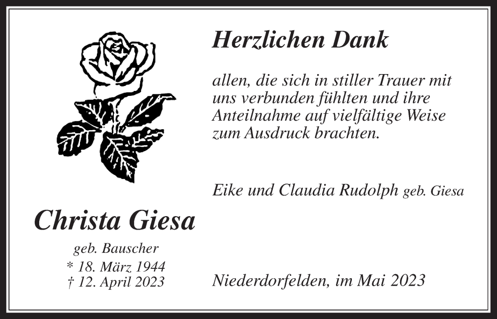  Traueranzeige für Christa Giesa vom 25.05.2023 aus Bad Vilbel/Karben