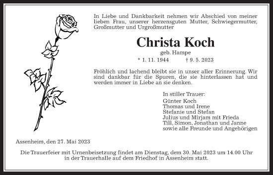 Traueranzeige von Christa Koch von Wetterauer Zeitung