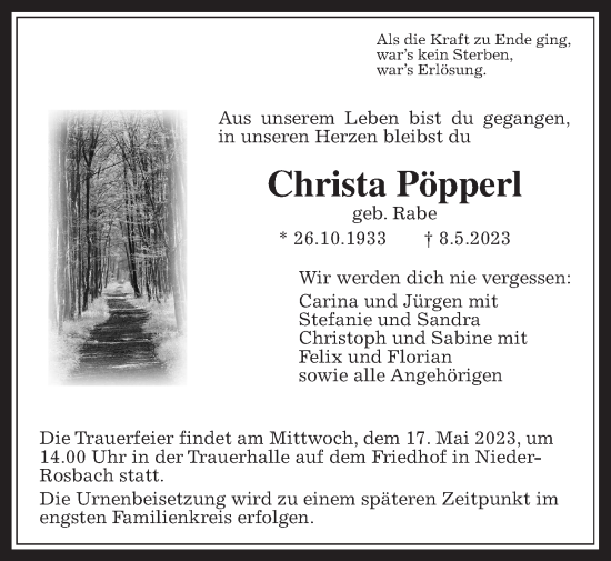 Traueranzeige von Christa Pöpperl von Wetterauer Zeitung