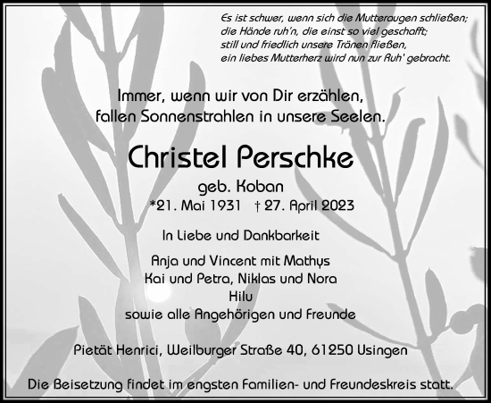 Traueranzeige von Christel Perschke von Usinger Anzeiger