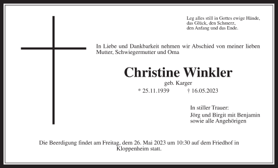 Traueranzeige von Christine Winkler von Wetterauer Zeitung, Bad Vilbel/Karben