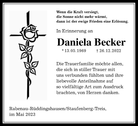 Traueranzeige von Daniela Becker von Giessener Allgemeine, Alsfelder Allgemeine