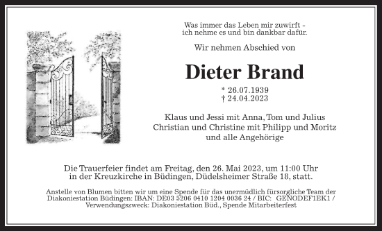 Traueranzeige von Dieter Brand von Kreis-Anzeiger