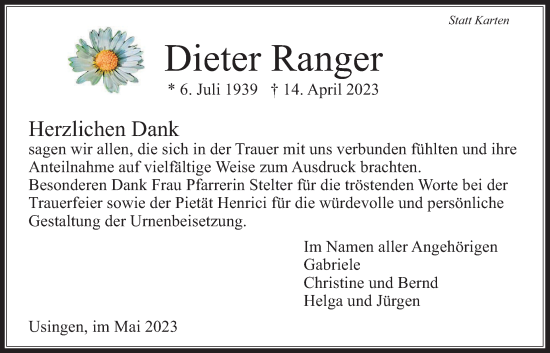 Traueranzeige von Dieter Ranger von Usinger Anzeiger