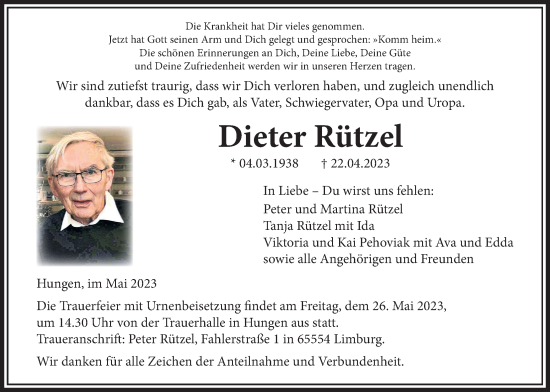 Traueranzeige von Dieter Rützel von Giessener Allgemeine, Alsfelder Allgemeine