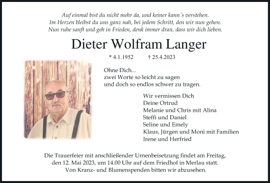 Traueranzeige von Dieter Wolfram Langer von Alsfelder Allgemeine, Mücker Stimme