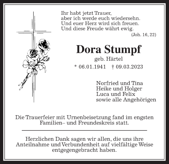 Traueranzeige von Dora Stumpf von Giessener Anzeiger
