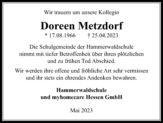 Traueranzeige von Doreen Metzdorf von Kreis-Anzeiger