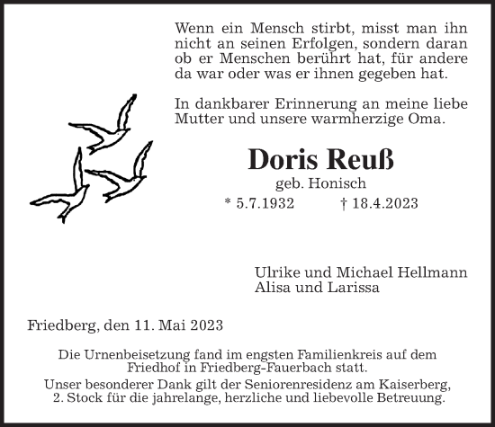 Traueranzeige von Doris Reuß von Wetterauer Zeitung