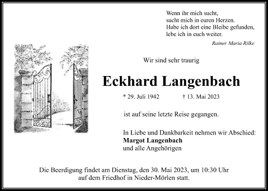 Traueranzeige von Eckhard Langenbach von Wetterauer Zeitung