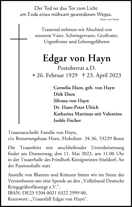 Traueranzeige von Edgar von Hayn von Wetterauer Zeitung