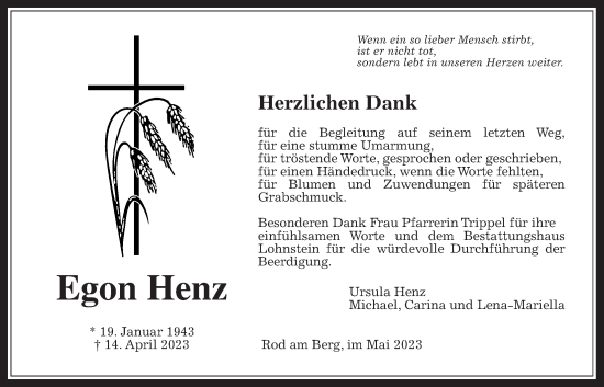 Traueranzeige von Egon Henz von Usinger Anzeiger