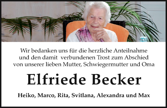 Traueranzeige von Elfriede Becker von Giessener Anzeiger, Giessener Allgemeine, Alsfelder Allgemeine