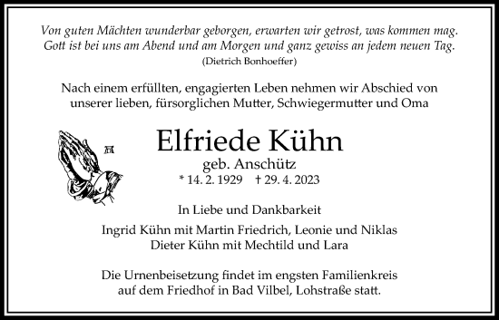 Traueranzeige von Elfriede Kühn von Bad Vilbel/Karben