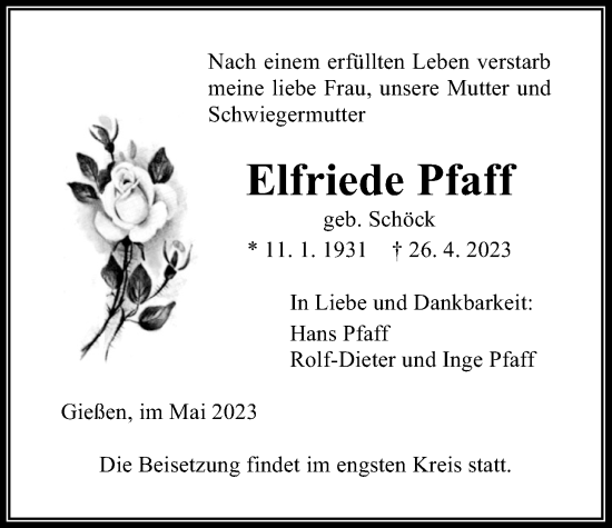 Traueranzeige von Elfriede Pfaff von Giessener Anzeiger, Giessener Allgemeine, Alsfelder Allgemeine
