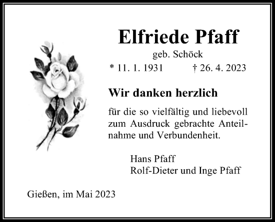 Traueranzeige von Elfriede Pfaff von Giessener Allgemeine, Alsfelder Allgemeine, Giessener Anzeiger