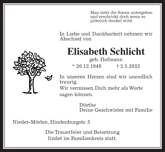 Traueranzeige von Elisabeth Schlicht von Wetterauer Zeitung