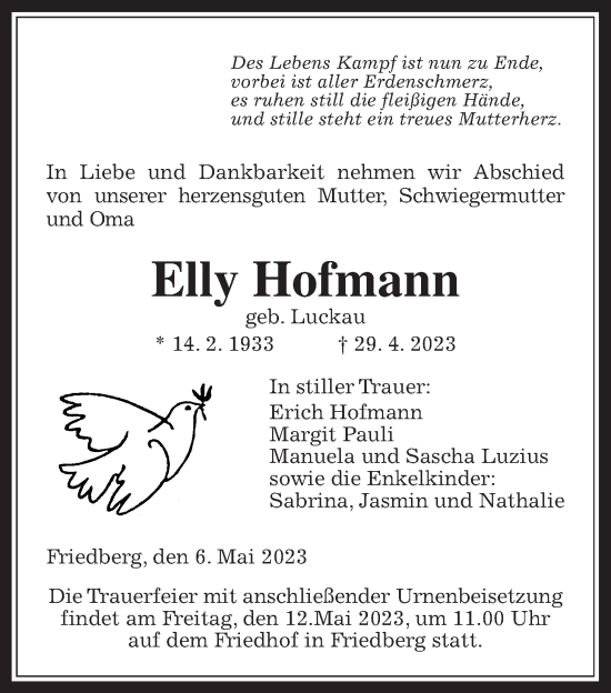 Traueranzeige von Elly Hofmann von Wetterauer Zeitung