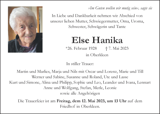 Traueranzeige von Else Hanika von Giessener Anzeiger