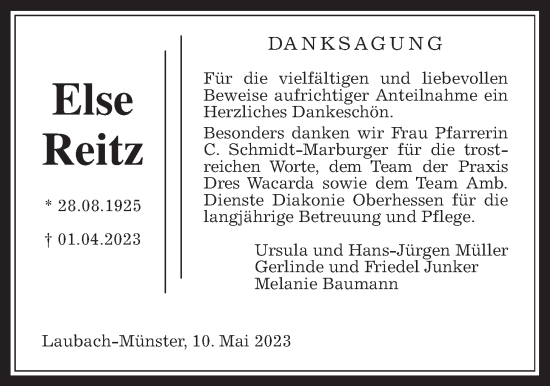 Traueranzeige von Else Reitz von Laubacher Anzeiger