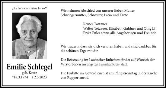 Traueranzeige von Emelie Schlegel von Giessener Allgemeine, Alsfelder Allgemeine