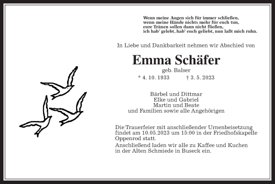 Traueranzeige von Emma Schäfer von Wetterauer Zeitung, Giessener Allgemeine, Alsfelder Allgemeine, Giessener Anzeiger