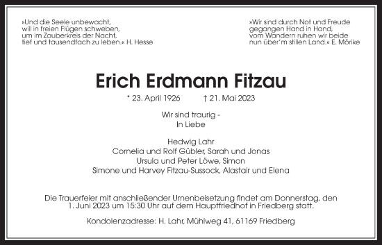 Traueranzeige von Erich Erdmann Fitzau von Wetterauer Zeitung