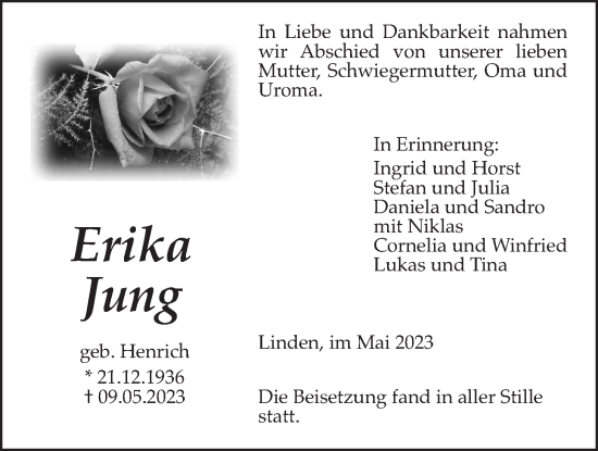 Traueranzeige von Erika Jung von Giessener Allgemeine, Alsfelder Allgemeine, Giessener Anzeiger