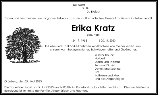 Traueranzeige von Erika Kratz von Giessener Allgemeine, Alsfelder Allgemeine, Giessener Anzeiger