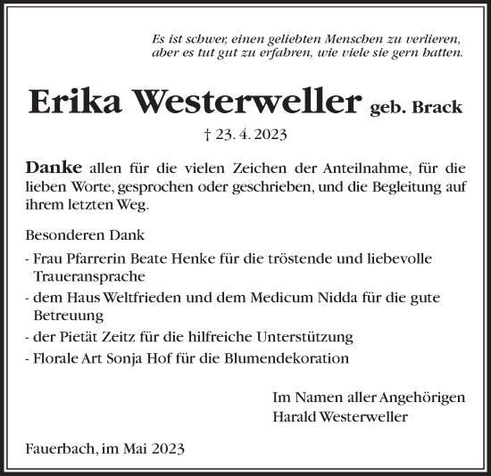 Traueranzeige von Erika Westerweller von Kreis-Anzeiger