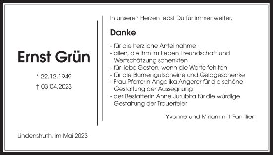 Traueranzeige von Ernst Grün von Giessener Allgemeine, Alsfelder Allgemeine, Giessener Anzeiger