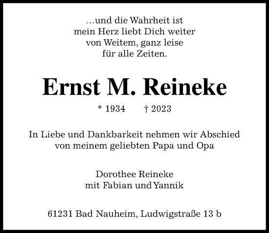 Traueranzeige von Ernst M. Reineke 