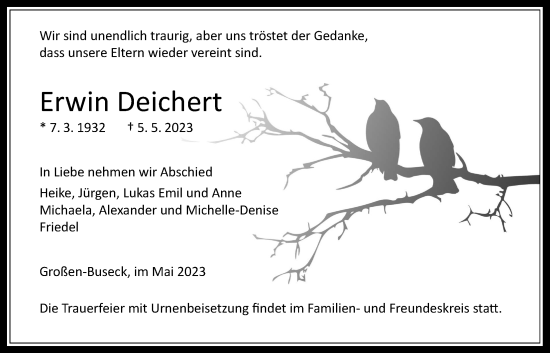 Traueranzeige von Erwin Deichert von Giessener Anzeiger, Giessener Allgemeine, Alsfelder Allgemeine