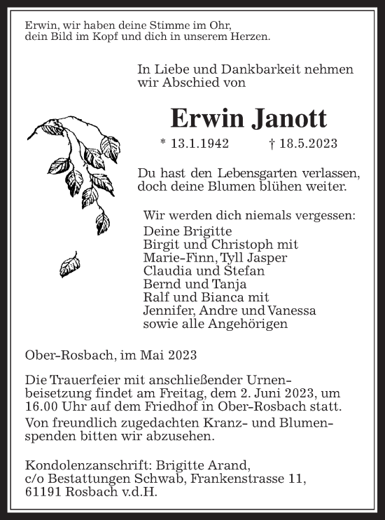 Traueranzeige von Erwin Janott von Wetterauer Zeitung
