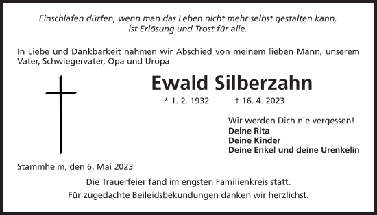 Traueranzeige von Ewald Silberzahn von Wetterauer Zeitung