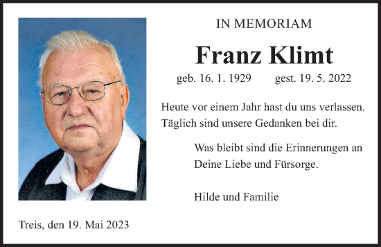 Traueranzeige von Franz Klimt von Giessener Allgemeine, Alsfelder Allgemeine