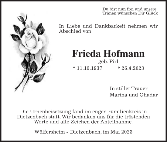 Traueranzeige von Frieda Hofmann von Wetterauer Zeitung