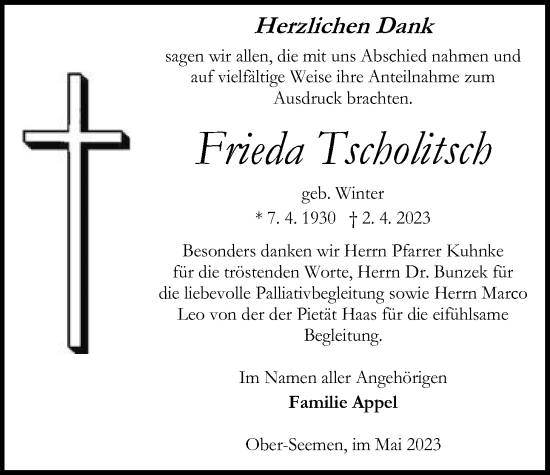 Traueranzeige von Frieda Tscholitsch von Kreis-Anzeiger