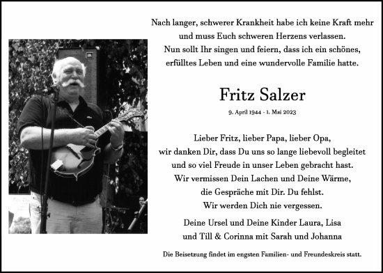 Traueranzeige von Fritz Salzer von Kreis-Anzeiger
