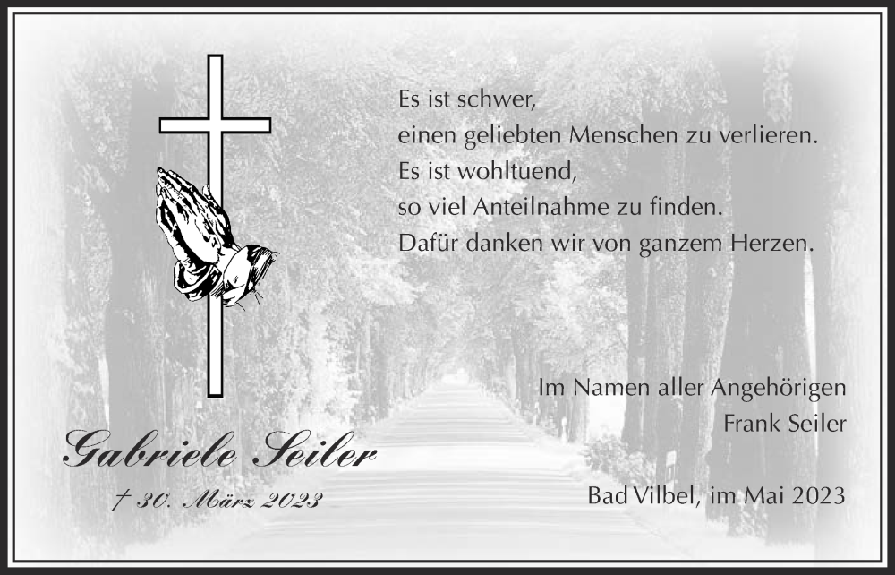  Traueranzeige für Gabriele Seiler vom 25.05.2023 aus Bad Vilbel/Karben