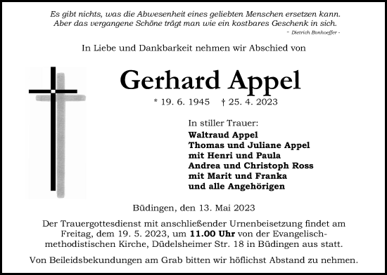 Traueranzeige von Gerhard Appel von Kreis-Anzeiger