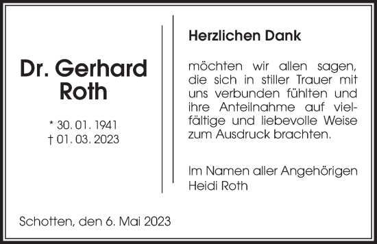 Traueranzeige von Gerhard Roth von Kreis-Anzeiger