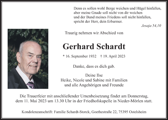 Traueranzeige von Gerhard Schardt von Wetterauer Zeitung