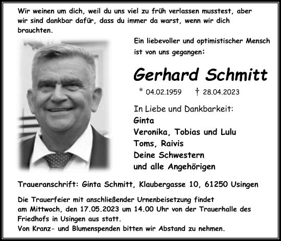 Traueranzeige von Gerhard Schmitt von Usinger Anzeiger