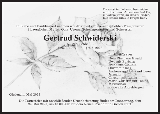 Traueranzeige von Gertrud Schwiderski von Giessener Allgemeine, Alsfelder Allgemeine, Giessener Anzeiger