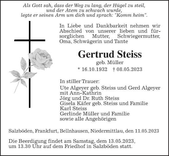 Traueranzeige von Gertrud Steiss von Giessener Anzeiger