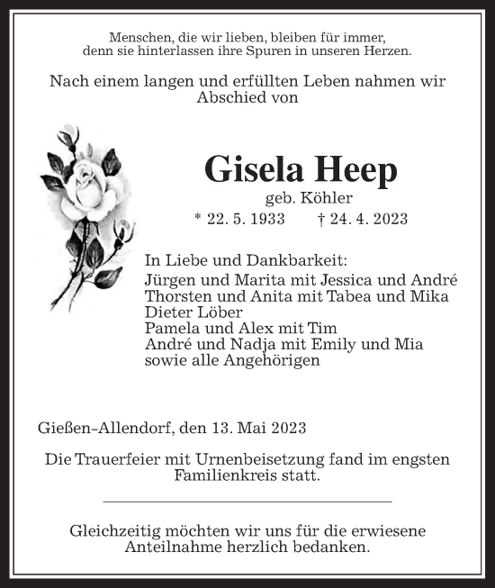 Traueranzeige von Gisela Heep von Giessener Allgemeine, Alsfelder Allgemeine